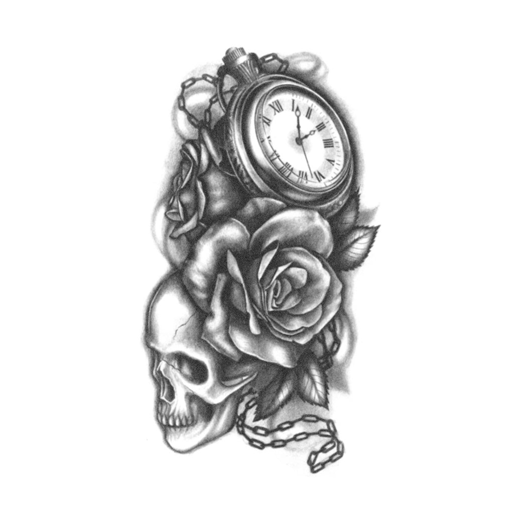 Skull Roses Clock Tattoo - Realistic Temporary Tattoos – TattooIcon